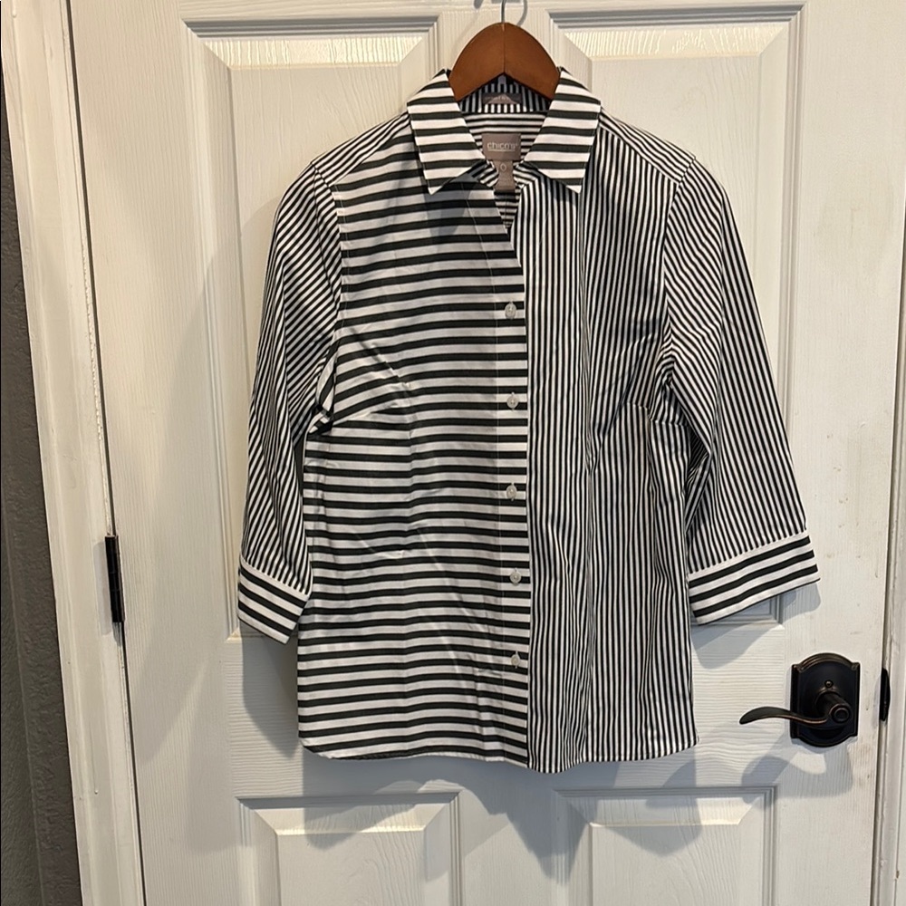 Black and White Boxy 3/4 Sleeve Blouse with Notched Collar